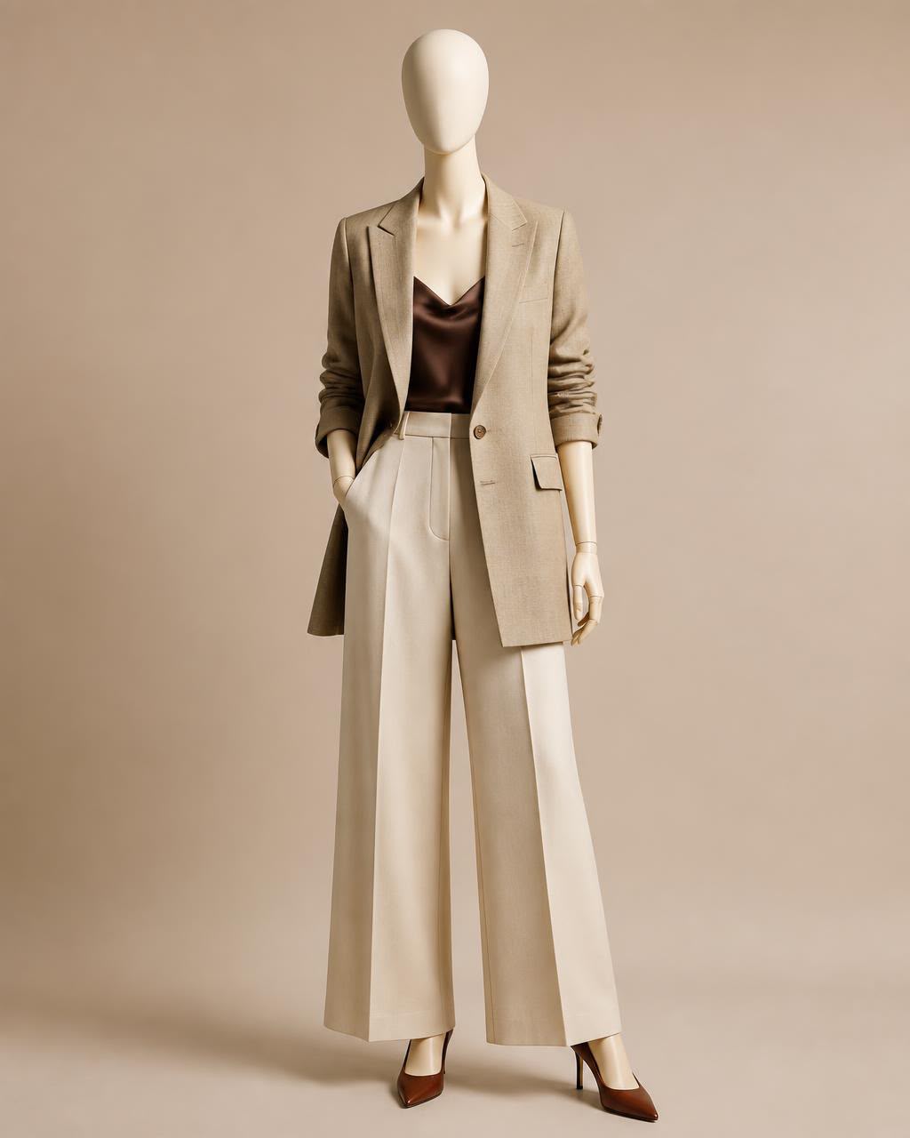 Linen blazer with wide cream trousers and a chocolate silk camisole