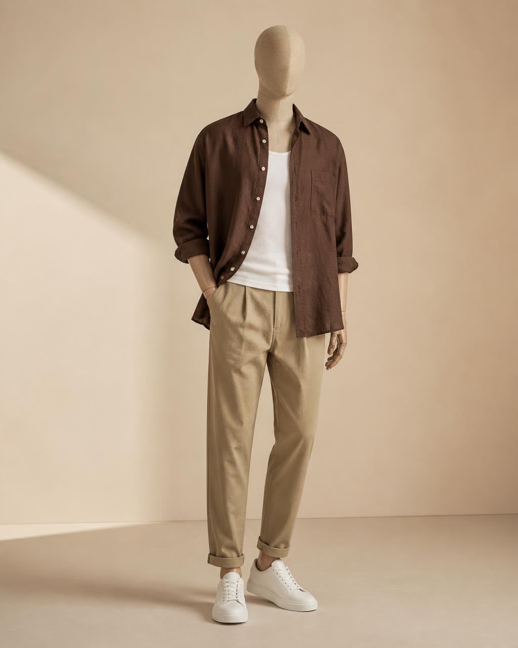 Chocolate linen overshirt with camel chinos and white sneakers
