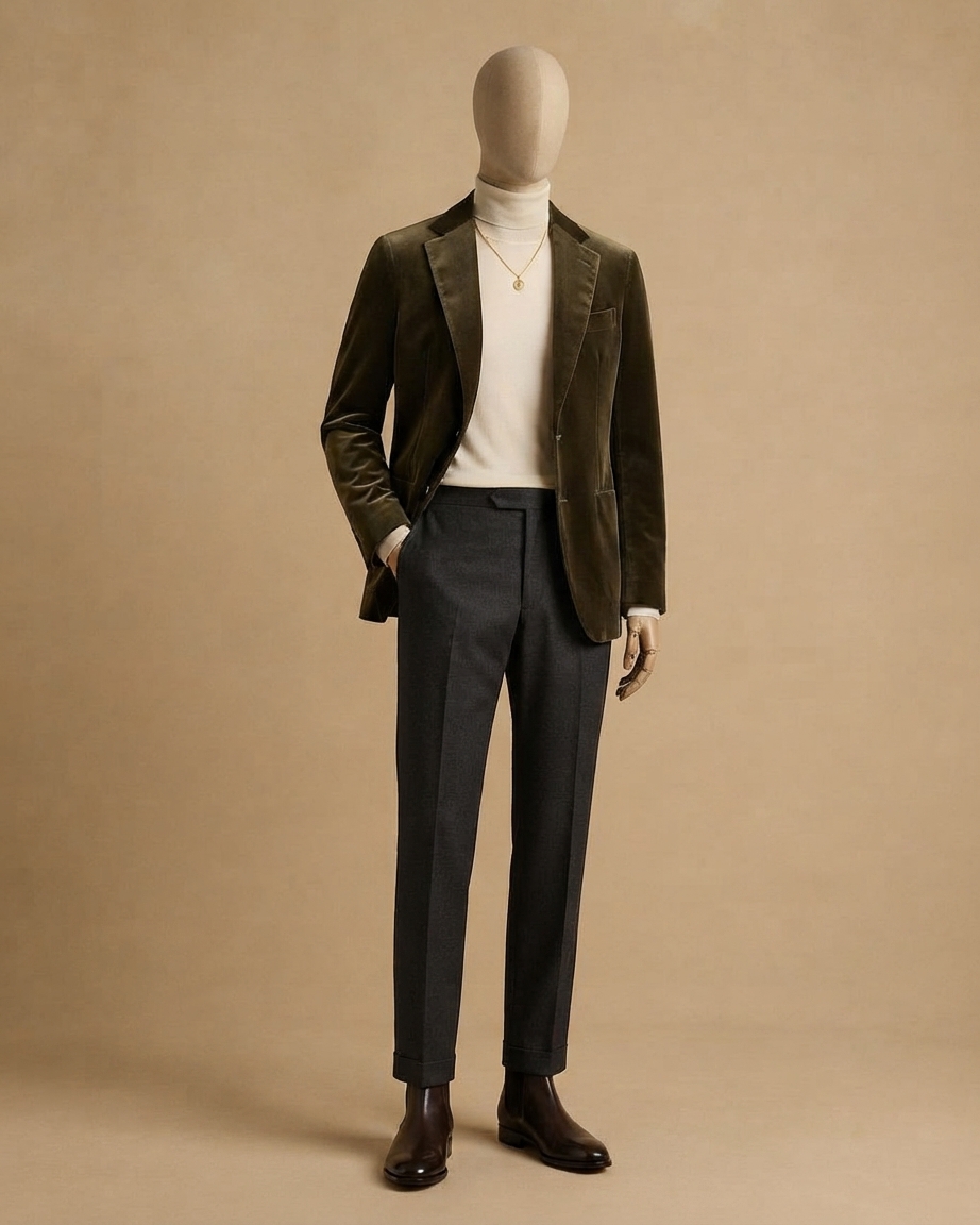 Olive velvet dinner jacket with grey flannel trousers