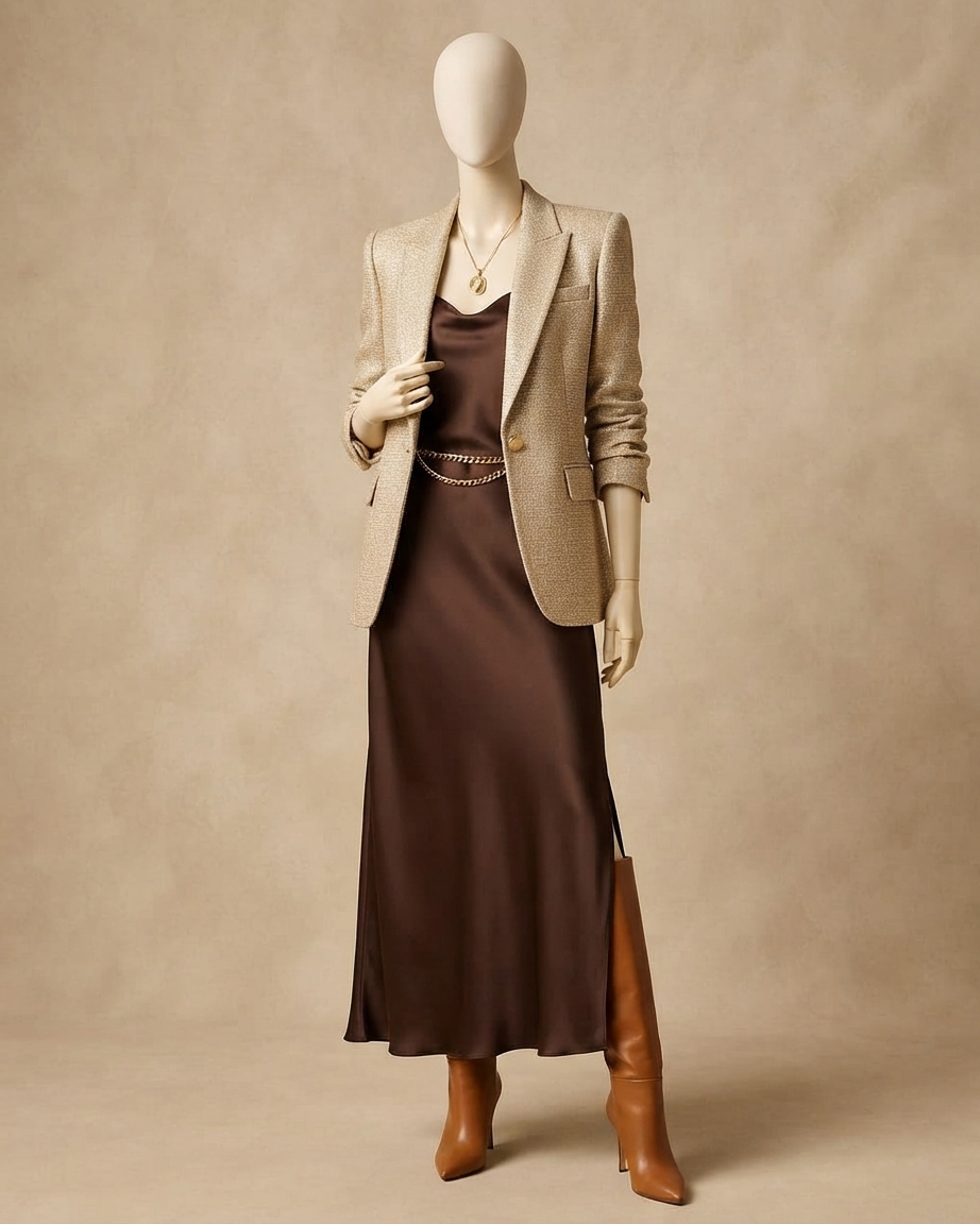 Gold tweed blazer over a chocolate satin slip dress with tan leather boots