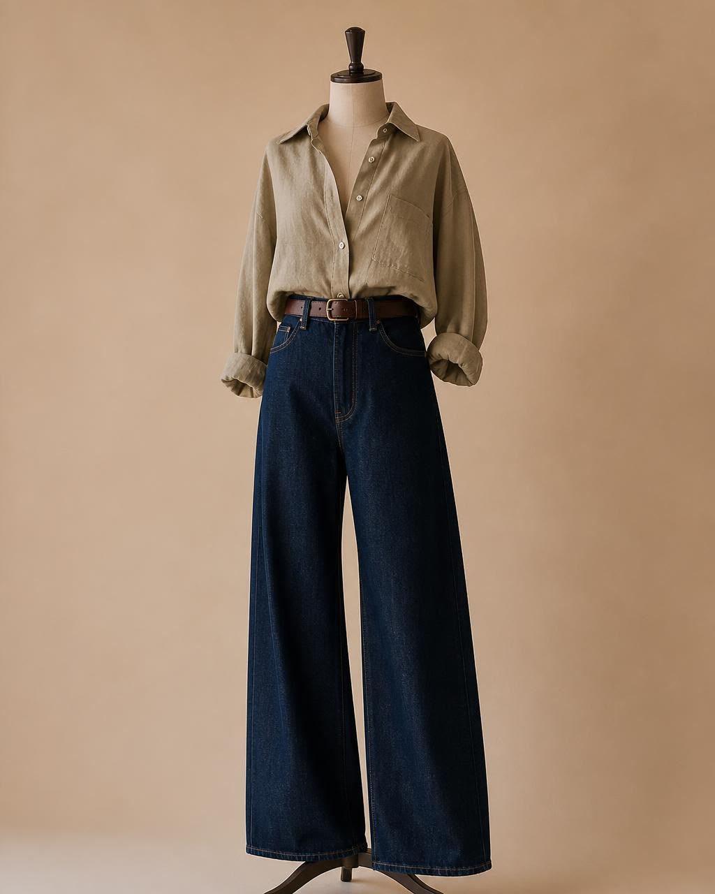Olive linen shirt tucked into deep indigo wide-leg jeans