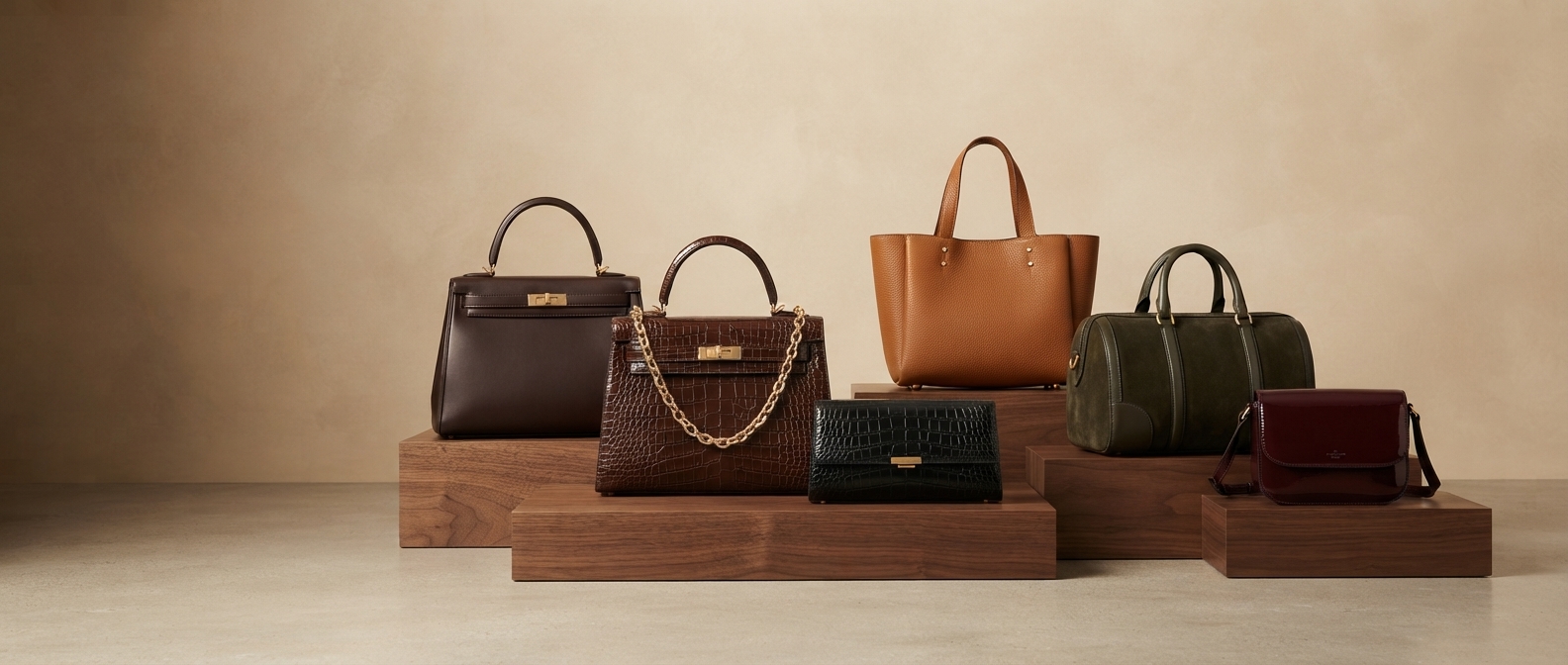 An edit of leather handbags on walnut plinths